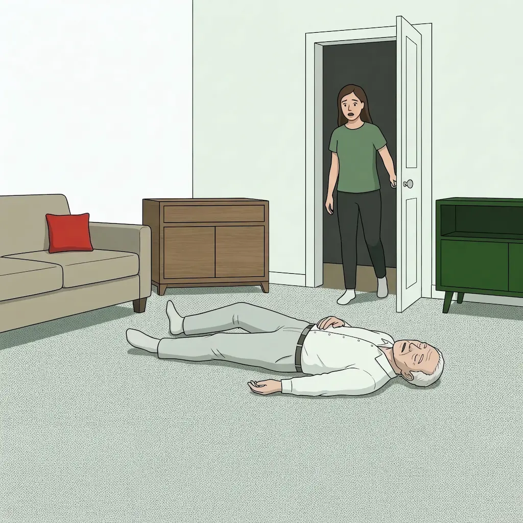 Ein Wohnzimmer. Ein älterer Mann liegt bewusstlos am Boden. Ein Mädchen betritt das Zimmer und sieht den bewusstlosen Mann erschrocken an.