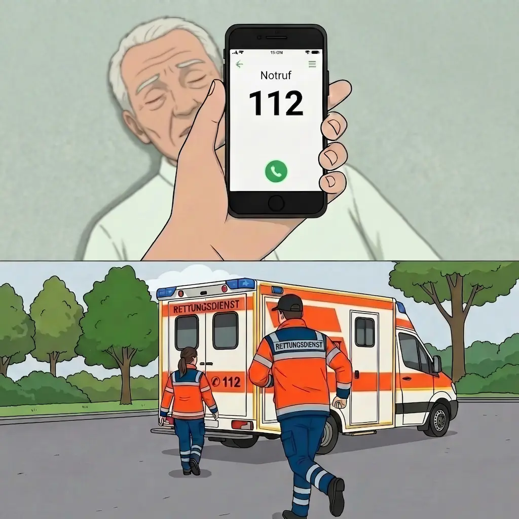 Split Screen View: Oben hält eine Hand ein Handy mit Notruf 112, im Hintergrund der ältere, bewusstlose Mann am Boden. Unten rennen zwei Sanitäter zu einem wartenden Krankenwagen.