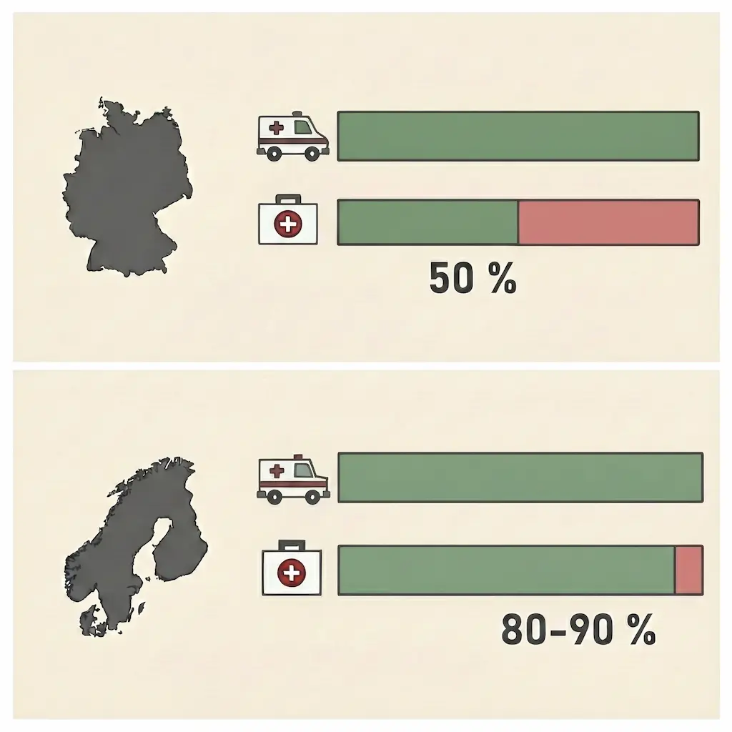 Grafisch via Balkendiagramm darstellender Vergleich der Laien-Reanimations-Quote in Deutschland und den Skandinavischen Ländern.
