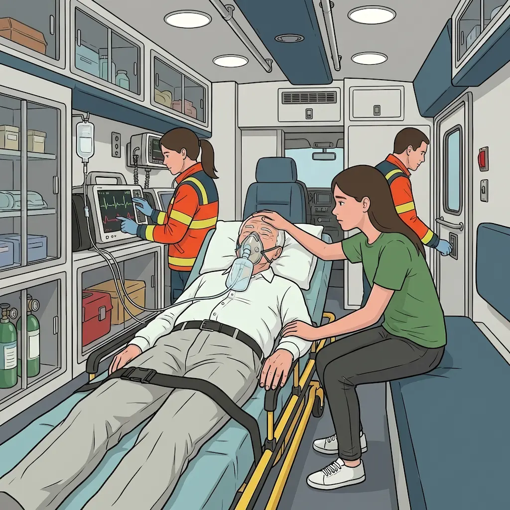 Krankenwagen Innenansicht, älterer Mann liegt bewusstlos mit Sauerstoffmaske angeschnallt auf Liege, Mädchen sitzt neben ihm, hält seine Hand und legt die andere Hand auf seine Stirn. Im Hintergrund liest die Sanitäterin das EKG auf dem Monitor ab und der Sanitäter schließt die Tür des Rettungswagens von Innen.