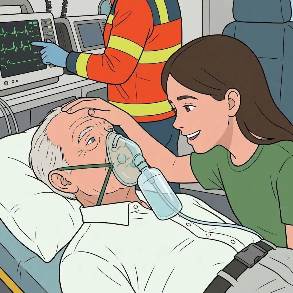 Im Krankenwagen, älterer Mann liegt mit Sauerstoffmaske und kommt zu Bewusstsein, Mädchen neben ihm legt ihm die Hand auf die Stirn und freut sich.