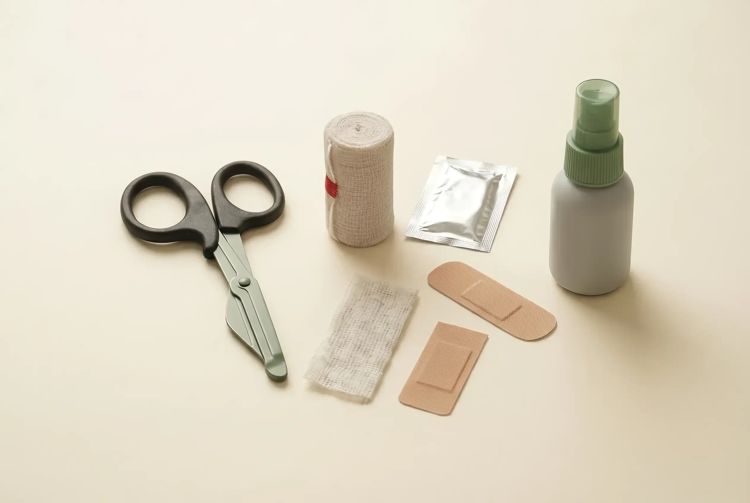 Erste-Hilfe-Kurs, symbolisiert durch medizinische Utensilien Schere, Verband, Pflaster, Desinfektionsspray