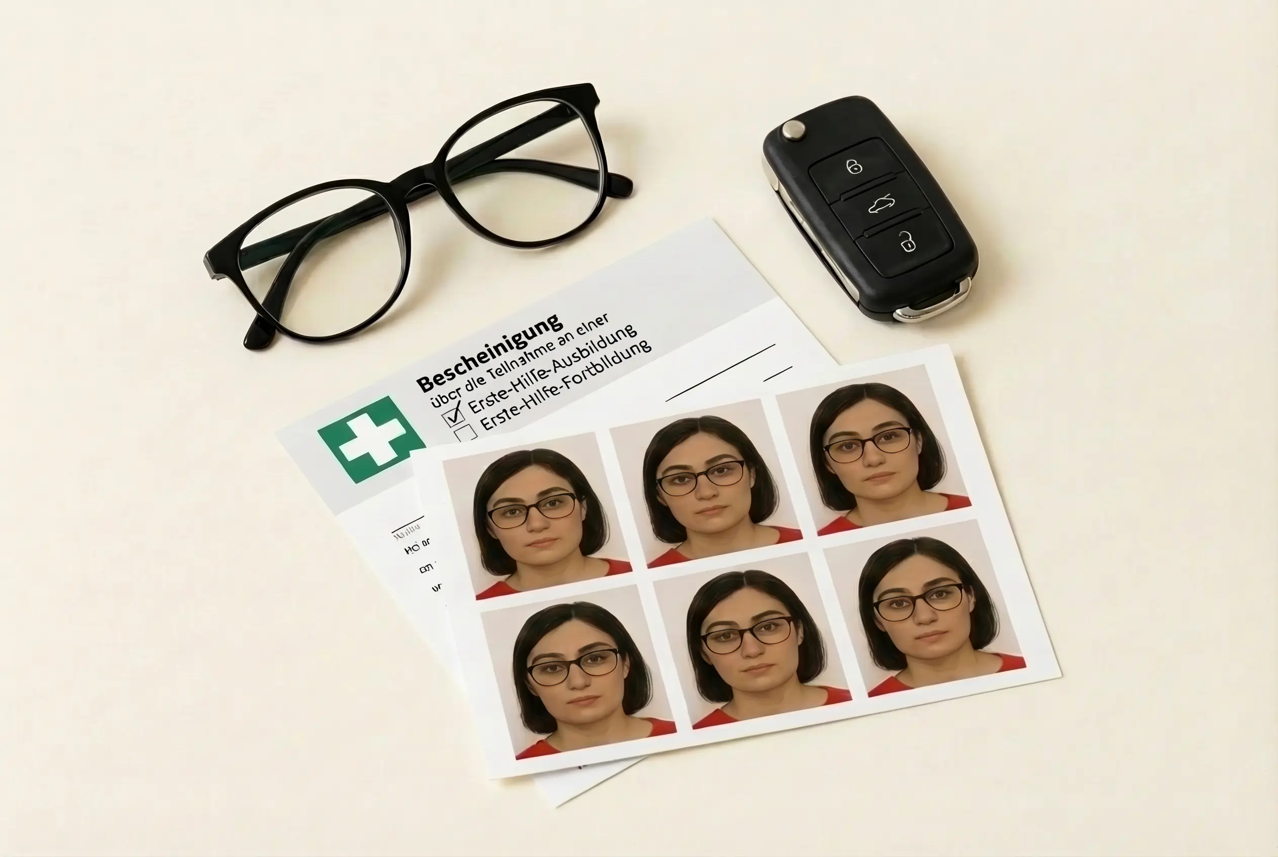 Erste-Hilfe-Paket für den Führerschein, symbolisiert durch Autoschlüssel, Brille, Passbilder und Erste-Hilfe-Bescheinigung