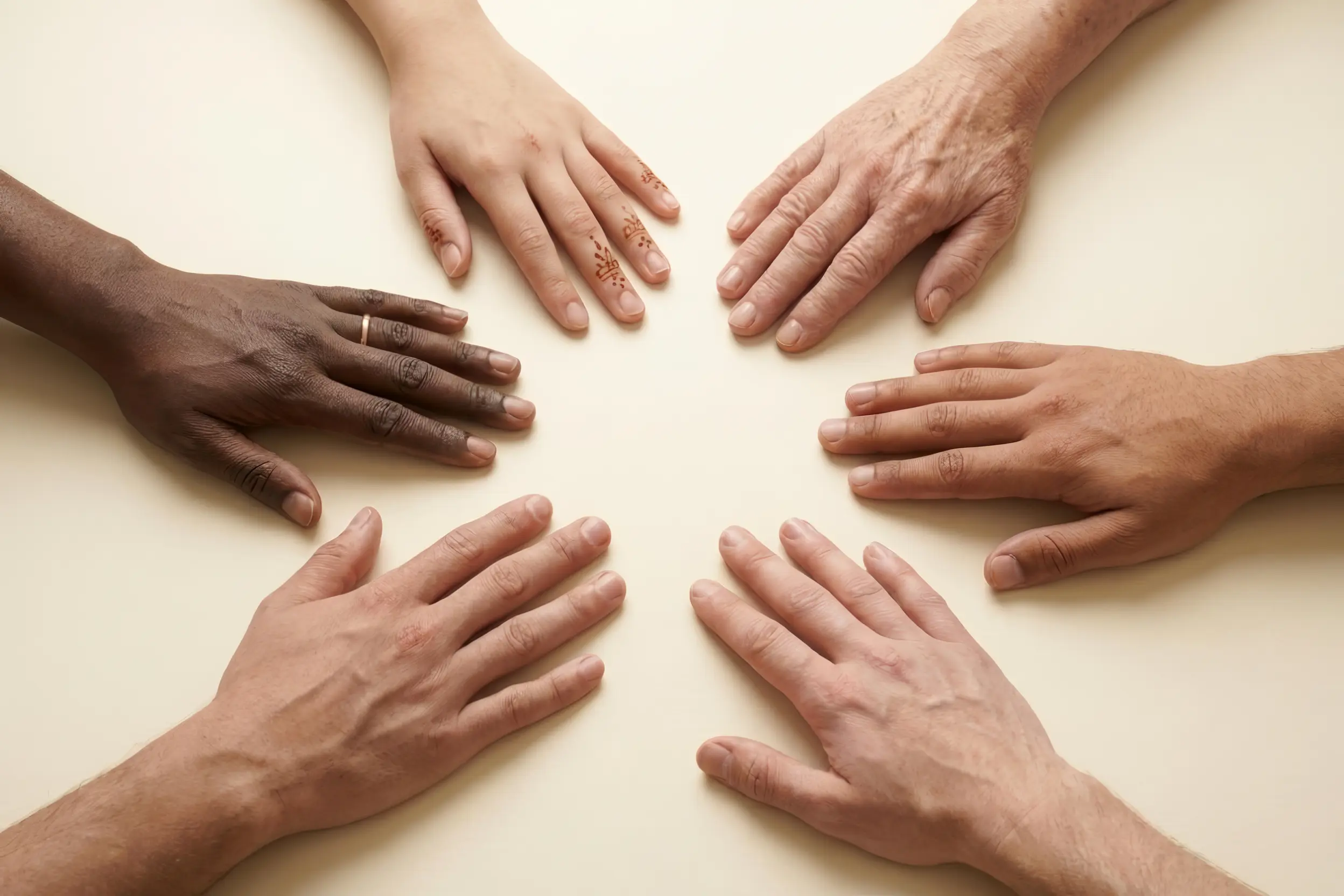Erste-Hilfe-Kurs Türkisch, Englisch, Deutsch, symbolisiert durch drei Hände mit den Pflastern in den jeweiligen Nationalfarben am Zeigefinger