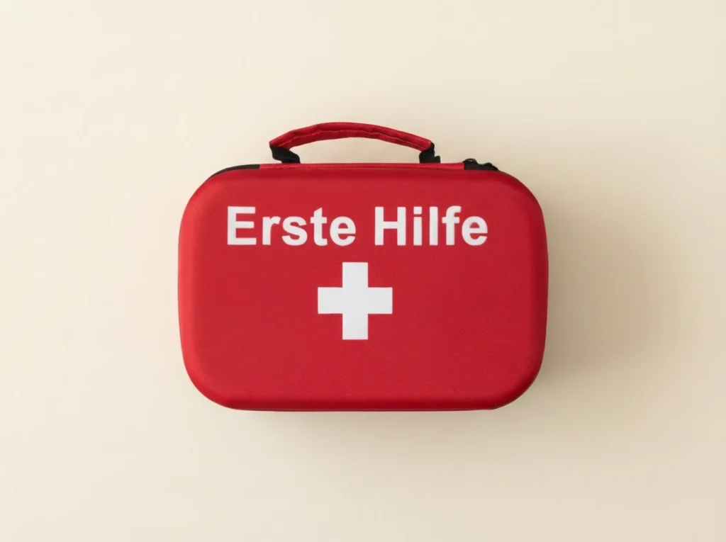 Roter Erste-Hilfe-Koffer auf hellem Untergrund