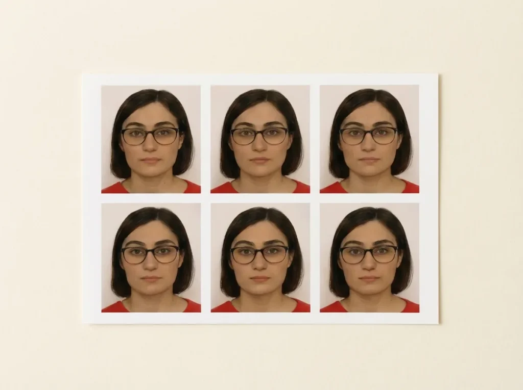 6 biometrische Passfotos einer jungen brünetten Frau mit Brille