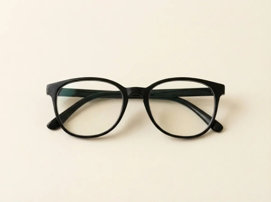Schwarze, schlichte, modische Frauenbrille auf hellem Untergrund
