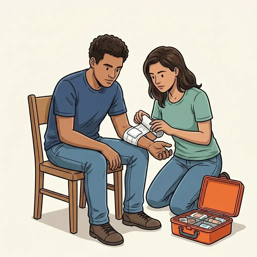 2-D-Illustration eines Erste-Hilfe-Kurses. Ein junger Mann sitzt leicht vornübergebeugt auf einem Stuhl, eine junge Frau kniet neben dem Stuhl und legt dem jungen Mann einen Druckverband an. Ein offener Verbandskasten steht am Boden.